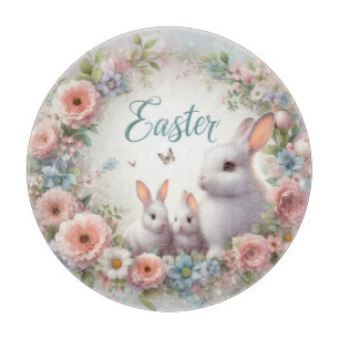 White Easter Bunnies, Eggs and Flowers Cutting Board