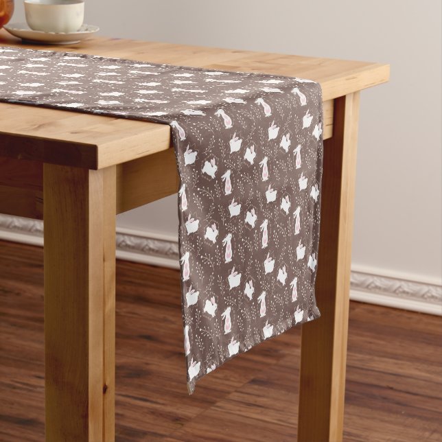 White Easter Bunnies On Brown Table Runner (In Situ)