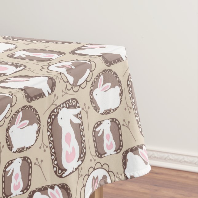 White Easter Bunnies On Tan and Brown Tablecloth (In Situ)