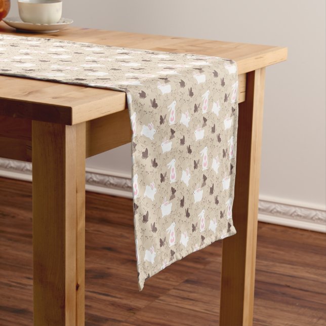 White Easter Bunnies On Tan Short Table Runner (In Situ)