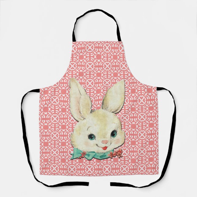 White Easter Bunny 0n Flower Pink & White Apron (Front)