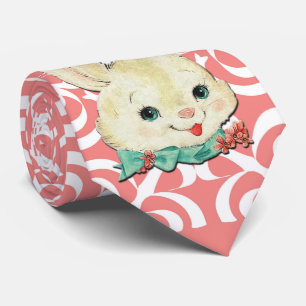 White Easter Bunny 0n Flower Pink & White Tie