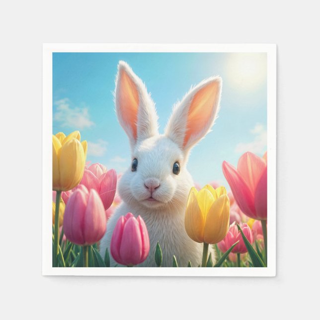 White Easter Bunny In Tulips Napkin (Front)