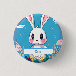 White Easter Bunny With Customizable Nametag 1 Inch Round Button