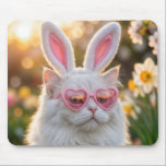 White Easter Cat with Bunny ears Mouse Pad<br><div class="desc">A fluffy white cat adorned with bunny ears and pink heart-shaped sunglasses sits serenely among blooming spring flowers in the sunlight</div>