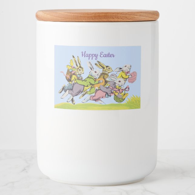 White Easter Rabbits Running in Grass Eggs Baskets Food Label (Front)