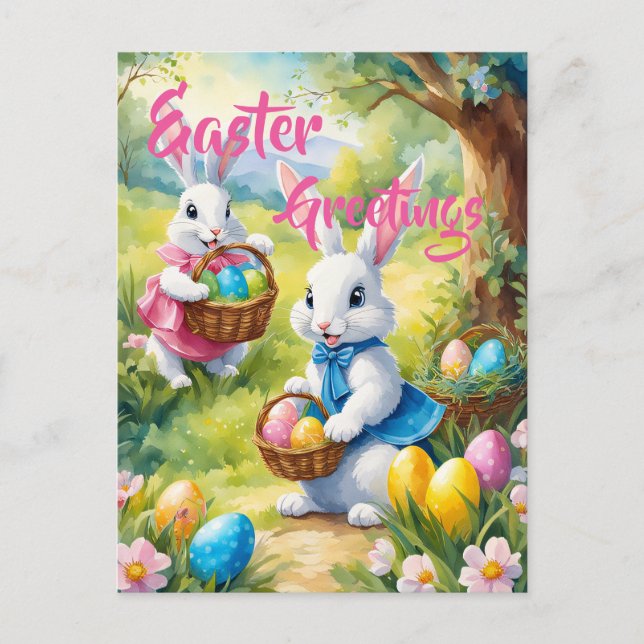 White Easter Rabbits with Colourful Eggs Postcard (Front)