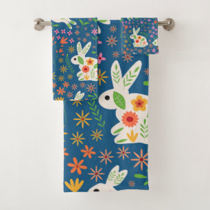 White Easter Rabbits with Whimsical flowers   Bath Towel Set