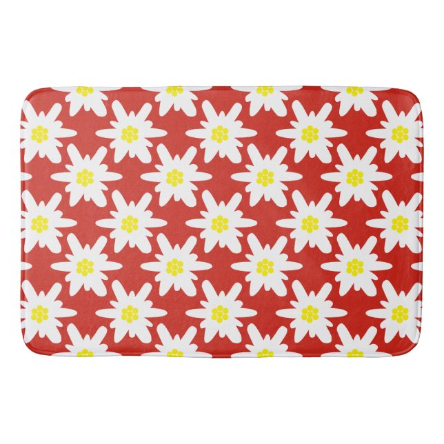 White Edelweiss Flowers Pattern in Red Bath Mat (Front)