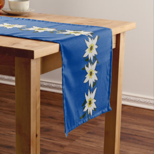 White Edelweiss On Blue Short Table Runner