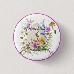 White egg small bird colorful flowers floral  1 inch round button