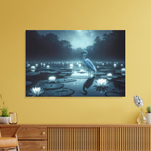White Egret and Water Lilies In a Pond Canvas Print