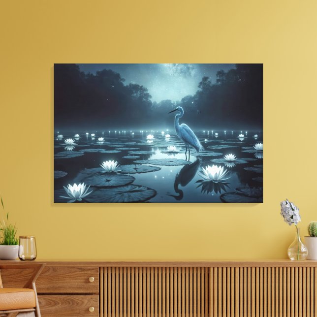 White Egret and Water Lilies In a Pond Canvas Print (Insitu(LivingRoom))