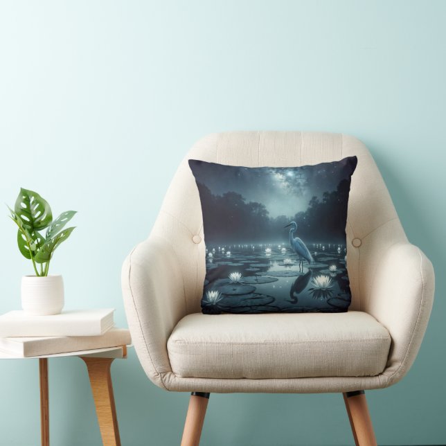 White Egret and Water Lilies In a Pond Throw Pillow (Chair)