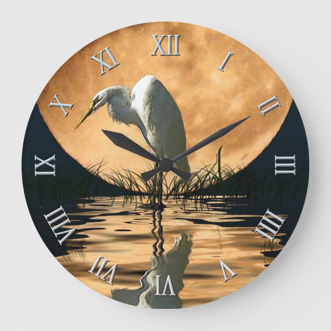 White Egret & Full Moon Wildlife Nature Scene Large Clock (Front)