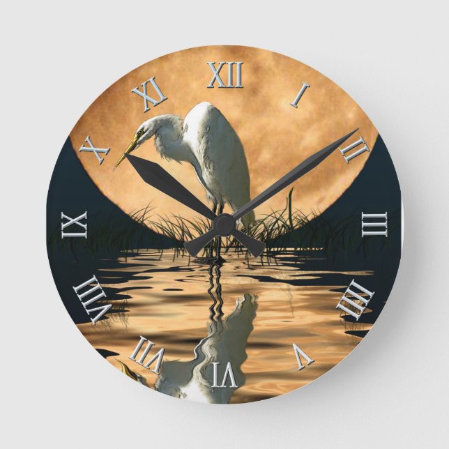 White Egret & Full Moon Wildlife Nature Scene Round Clock (Front)