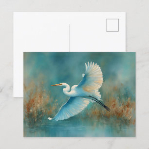 White Egret in Flight Watercolor Postcard