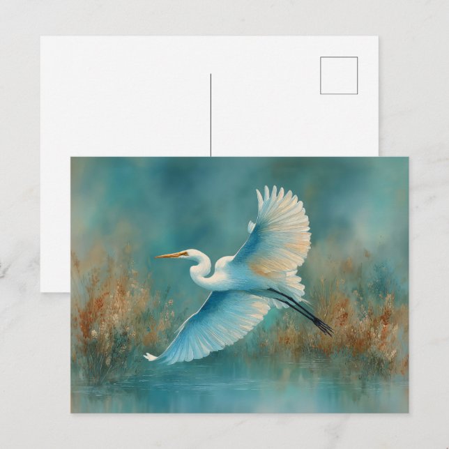 White Egret in Flight Watercolor Postcard (Front/Back)