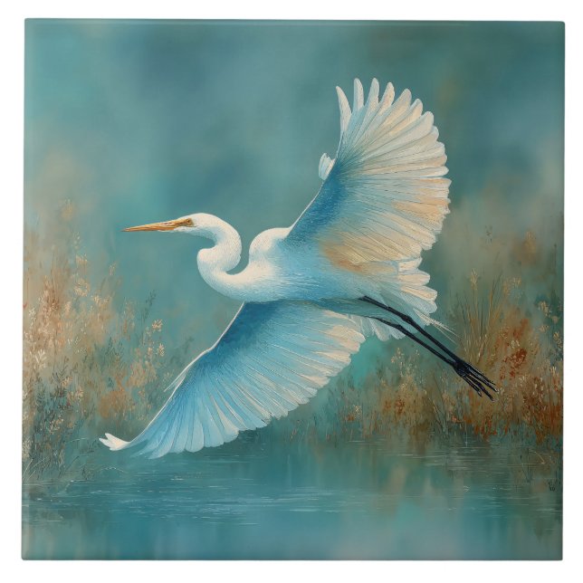 White Egret in Flight Watercolor Tile (Front)