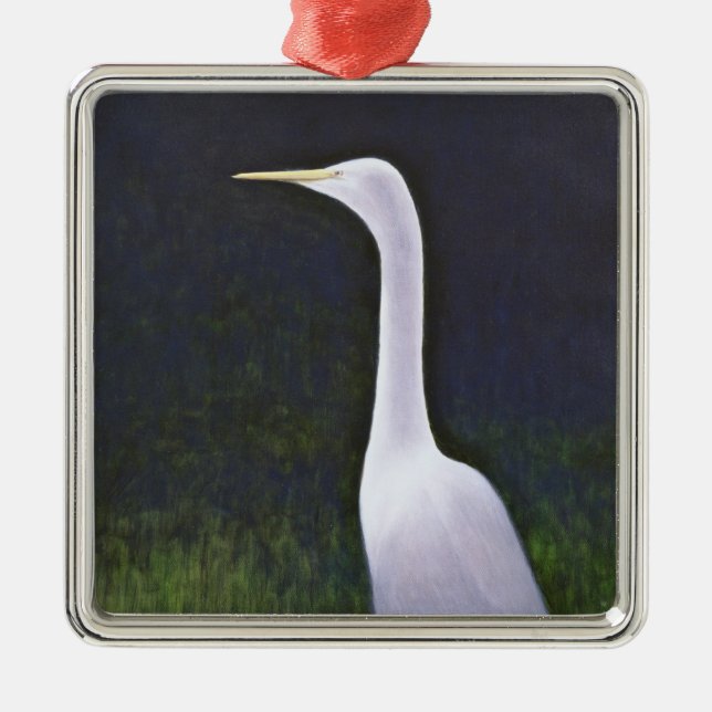 White Egret Metal Ornament (Front)