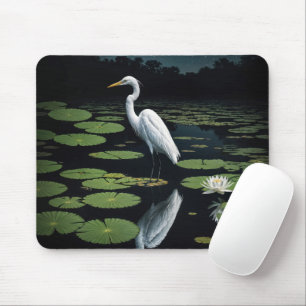 White Egret On Lily Pad Mouse Pad