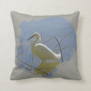 White Egret Photo Elegant Bird Calm Water Nature Throw Pillow