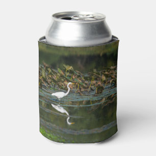White Egret Reflection Can Cooler