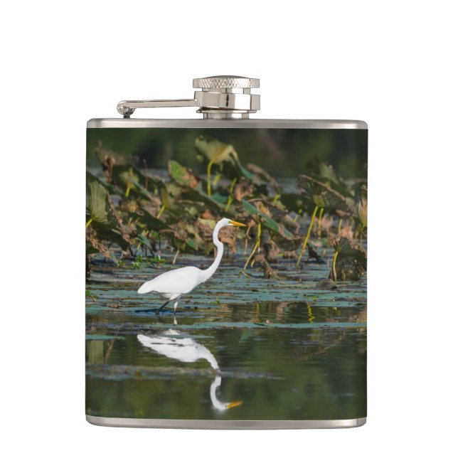 White Egret Reflection Hip Flask (Front)