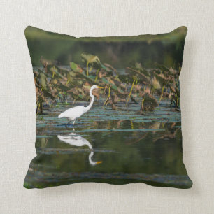 White Egret Reflection Throw Pillow