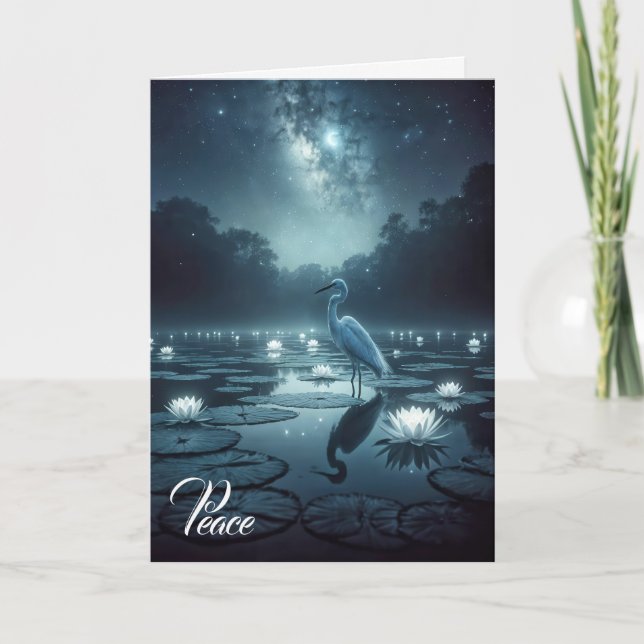 White Egret With Water Lilies Sympathy Card (Front)