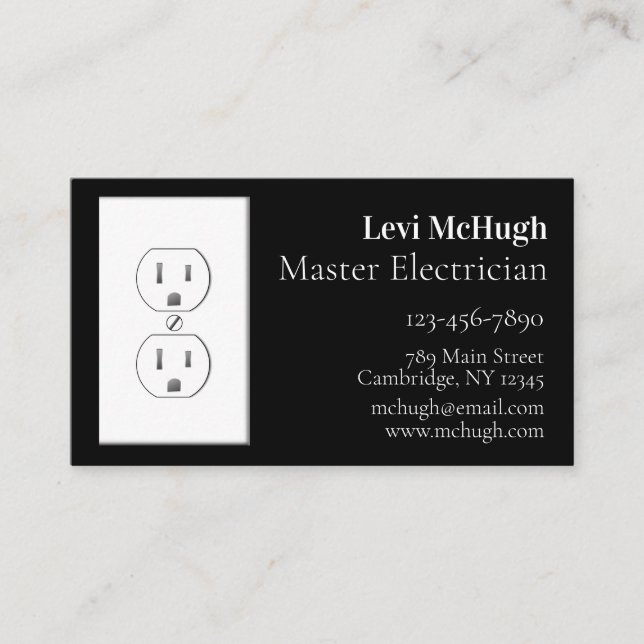White Electrical Outlet on Black Business Card (Front)