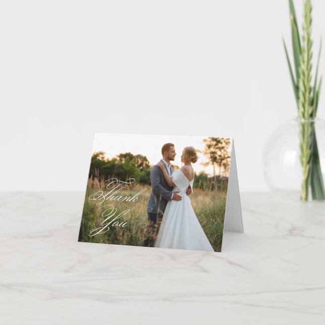 White Elegant Classic Script 2 Wedding Photo Thank You Card (Front)