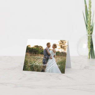 White Elegant Classic Script Wedding Photo Thank You Card
