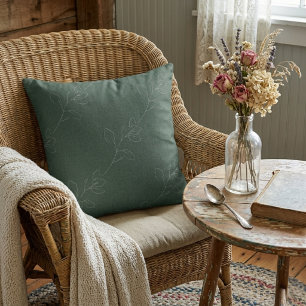 White Elegant Floral Modern Wool Dark Green Throw Pillow