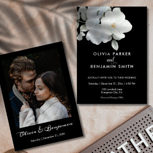 White Elegant Floral Photo Modern Black Wedding Invitation