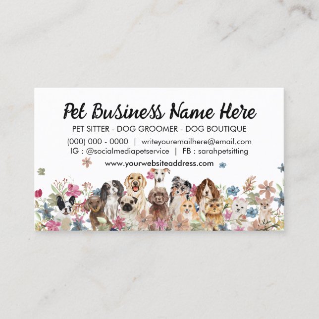 White Elegant Flowers Dog Trainer Business Card (Front)