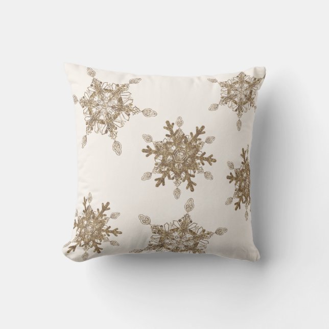 White Elegant Golden Snow Flakes  Throw Pillow (Front)