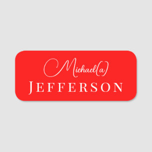 White Elegant Handwritten on Strawberry Red Modern Name Tag