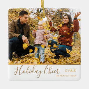 White Elegant Holiday Cheer Faux Gold Photo Ceramic Ornament