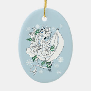 White Elegant Ice Dragon Blue Roses Fantasy Ceramic Ornament