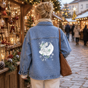 White Elegant Ice Dragon Blue Roses Fantasy Denim Jacket