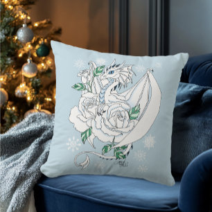 White Elegant Ice Dragon Blue Roses Fantasy Throw Pillow