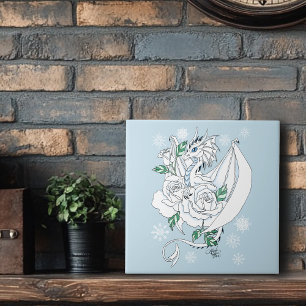 White Elegant Ice Dragon Blue Roses Fantasy Tile
