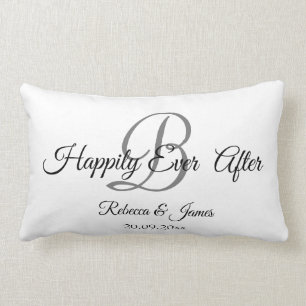 White Elegant Monogrammed Happily Ever After Lumbar Pillow