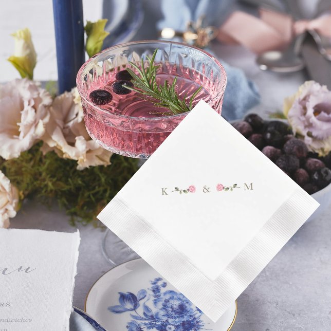 White Elegant Pink Rose Personalized Initials Napkin (Creator Uploaded)
