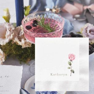 White Elegant Pink Rose Personalized Name Coined Napkin