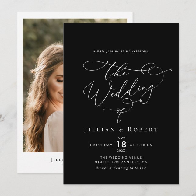 white elegant script modern black wedding invitation (Front/Back)