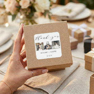 White Elegant Thank You 3 Photo Collage Square Sticker