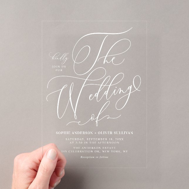 White Elegant Whimsical Calligraphy Wedding Acrylic Invitations (Insitu (Handheld))