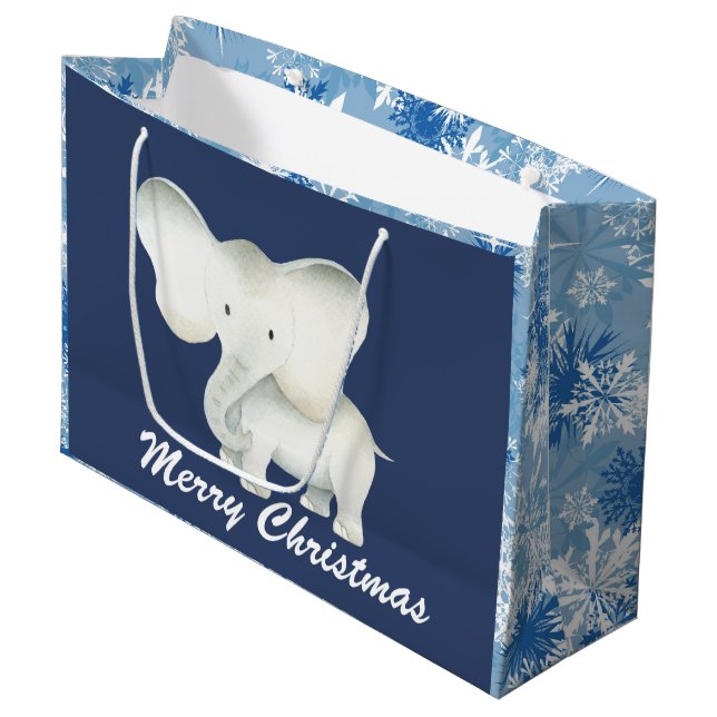 White elephant blue snowflake Christmas party bag (Front Angled)